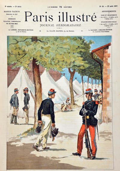 Saint-Cyrin (Saint Cyr) koulun oppilaat Chalonsin leirillä. Kaiverrus vuodelta 1887 "" Paris-Illustrous Journal -viikkolehdessä"". tekijältä Anonymous Anonymous