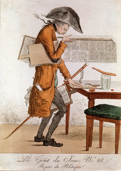 Päivän maku: Karikatyyri politiikkalounas toimittajan työssä. Kaiverrus 1700-luvun loppu 1800-luvun alku Yksityinen kokoelma tekijältä Anonymous Anonymous