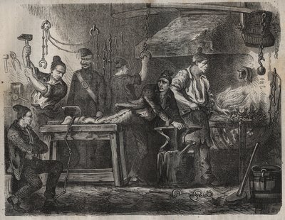Siirto Toulon Bagneen 1800-luvulla. Pierre Zacconen (1817-1895) (1817-1895) (Colonia Penale - Penal Colony) kaiverrus kirjaan ”Vangoitujen historia heidän luomisestaan ​​nykypäivään” (1877). Yksityinen kokoelma. tekijältä Anonymous Anonymous