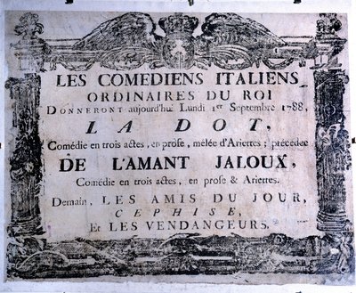 Teatterijuliste, joka esittelee italialaisten koomikoiden esittämiä teoksia "Piste" ja "The jealous lover", 1.9.1788. Pariisi. Carnavalet-museo tekijältä Anonymous Anonymous