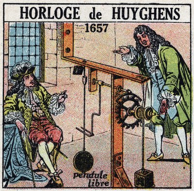 Kello: Christiaan Huygensin (1629-1695) vuonna 1657 keksimä vapaa heiluri. Nimetön kuvitus vuodelta 1925. Yksityinen kokoelma. tekijältä Anonymous Anonymous