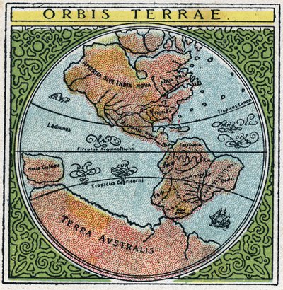 Aika: orbis terrae. Maapallo Ecuadorin ja tropiikin kanssa. Nimetön kuvitus vuodelta 1925. Yksityinen kokoelma. tekijältä Anonymous Anonymous