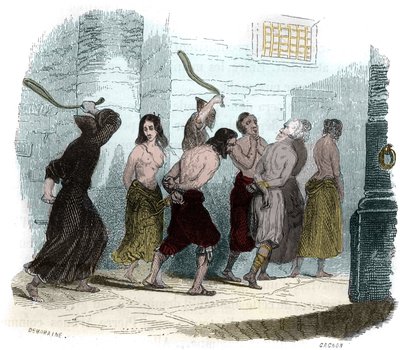 Kidutus inkvisition aikana Espanjassa 1500-luvulla: Ruoskan piina. Kuvitus "" Inkvisition mysteerit ja muut Espanjan salaiset seurat" - Victor de Fereal, Suberwick, Manuel Galo de Cuendias. Julkaisija P. Boizard tekijältä Anonymous Anonymous