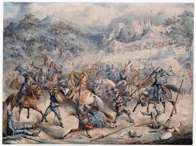 Tournoi (Moyen-ikä) - Ratsastavien ritarien turnaus - Nimetön - 1840 - Värilitografia - 20,3x30,5 - Yksityiskokoelma tekijältä Anonymous Anonymous