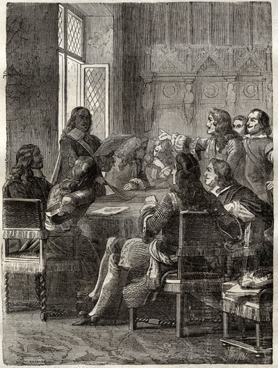 Ryswickin sopimus (Ryswickin rauhansopimus, 30. lokakuuta 1697) (Ludvigan XIV:n ja Suuren liiton välisen Augsburgin liiton sodan loppu). Kaiverrus 1800-luvulta. Yksityinen kokoelma. tekijältä Anonymous Anonymous