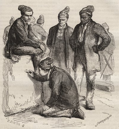 Galleriatyypit Brest Bagnen 1800-luvulta. Pierre Zacconen (1817-1895) (1817-1895) (Colonia Penale - Penal Colony) kaiverrus kirjaan ”Vangoitujen historia heidän luomisestaan ​​nykypäivään” (1877). Yksityinen kokoelma. tekijältä Anonymous Anonymous