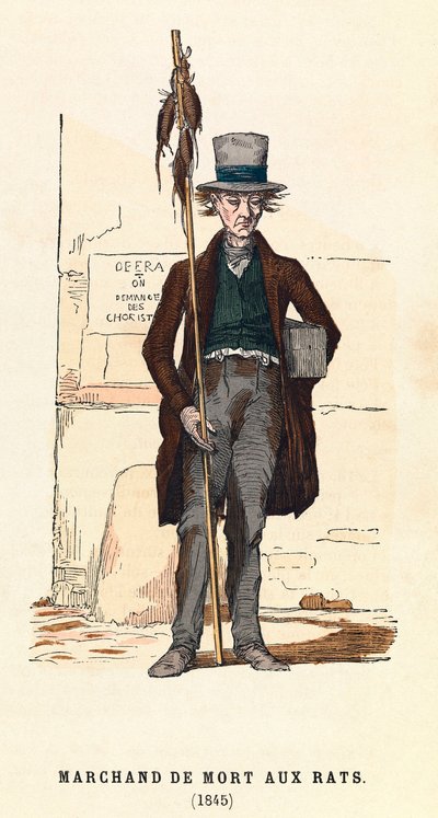 Rotanmyrkkymyyjä Pariisissa vuonna 1845, kaiverrus, yksityinen kokoelma - Rottamyrkyn myyjä Pariisissa tekijältä Anonymous Anonymous