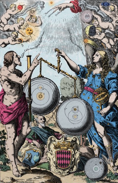 Urania, tähtitieteellinen museo, joka edusti Argusin edessä, pitelee kaukoputkea. He punnitsevat ja vertaavat Kopernikuksen (vas.) ja jesuiitta Giovanni Ricciolin järjestelmää Tycho Brahen (joka yhdistää Ptolemeoksen geosentriset visiot) järjestelmää. tekijältä Anonymous Anonymous