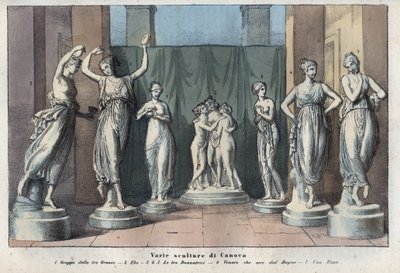 Erilaisia ​​Canovan veistoksia - Kolme armoa - Hebe - Kolme armoa tanssimassa - Venus Italica - Muse - kaiverrus "Kaikkeuden kaikkien kansojen tavoista ja perinteistä". Se on hallituksen, lakien, miliisin ja kaikkien uskonnon historiaa tekijältä Anonymous Anonymous