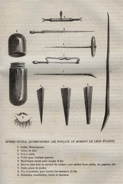 Erilaisia ​​työkaluja, joita forcatit kantavat mukanaan karkaaessaan. Kaiverrus kirjaan "Vankiloiden historia niiden luomisesta nykypäivään" (1877), Pierre Zaccone (1817-1895) (Colonia Penale - Rangaistussiirtokunta) tekijältä Anonymous Anonymous