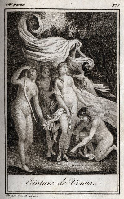 Venus-vyö: Vaikka taistelu edelleen hyödyttää troijalaisia, Junon käyttää Venuksen vyötä Jupiterin hurmaamiseen ja nukkumiseen nukuttaakseen hänet. Kaiverrus vuodelta 1819 Charles Albert Demoustier