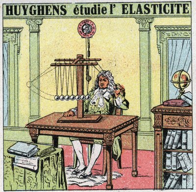 Värähtelevät liikkeet: Christiaan Huygens (1629-1695) tutkii materiaalin joustavuutta tarkkailemalla norsunluuhelmiä. Nimetön kuvitus vuodelta 1925. Yksityinen kokoelma. tekijältä Anonymous Anonymous