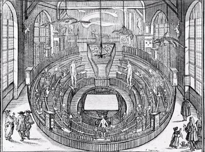 Näkymä anatomisesta teatterista luultavasti Leidenin yliopistossa 1600-luvun alussa (kaiverrus) tekijältä Anonymous Anonymous