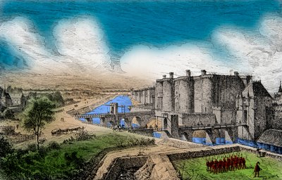 Näkymä Bastillelle ympäröivine muureineen kuningas Kaarle V Viisaan (1338-1380) alaisuudessa, Kaiverrus, Yksityinen kokoelma tekijältä Anonymous Anonymous