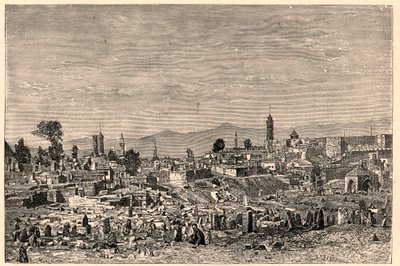 Näkymä Erzurumin (Erzurum) kaupunkiin Armeniassa (nykyinen Turkki). Louis-Eugene (Louis Eugene) Louvetin kaiverrus "Katoliset lähetystyöt XIX-luvulla". yksityinen kokoelma. tekijältä Anonymous Anonymous