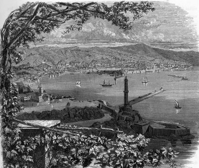 Näkymä Genesin kaupunkiin (Genova), Italia. armengaudin kaiverrus vuodelta 1859 Euroopan gallerioissa - Italiassa. Yksityinen kokoelma. tekijältä Anonymous Anonymous