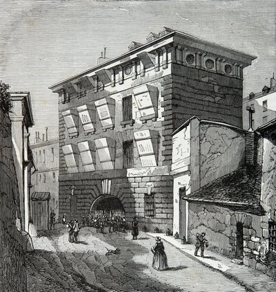 Näkymä entisestä La Forcen vankilasta, rue du roi de Sicilysta Pariisissa 1800-luvulla, Kaiverrus, Yksityinen kokoelma tekijältä Anonymous Anonymous