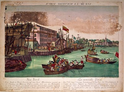 Näkymä New Yorkin (New York) kaupungin satamasta Yhdysvalloissa, vasemmalla telakka. Hudson-joen suu ja Manhattan Island. Kaiverrus 1700-luvulta. Yksityinen kokoelma tekijältä Anonymous Anonymous