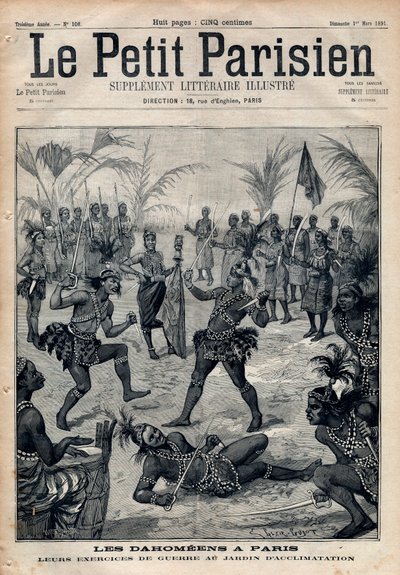 Sotaharjoitukset: Amazonit, soturit ja feticheurs dahomeens (nykyisin Benin) Pariisin sopeutumispuutarhasta (ihmiseläintarha). Kaiverrus "" Le petit Parisien"" vuodelta 1891. Yksityinen kokoelma. tekijältä Anonymous Anonymous