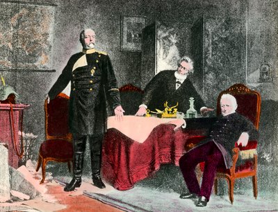 Vuoden 1870 sota: poliittinen haastattelu liittokansleri Bismarckin (1815-1898), Jules Favren (1809-1880) ja Adolphe Thiersin (1797-1877) välillä. Kaiverrus noin 1870. Yksityinen kokoelma tekijältä Anonymous Anonymous