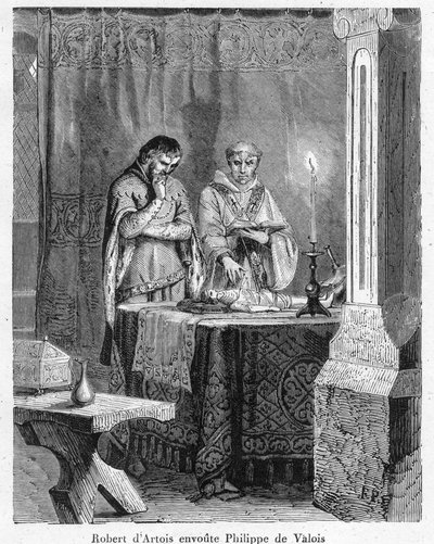 Noituus ja musta magia: "" Artoisin lordi Robert III (1287-1342) lumoaa Johannes Valoisin (Johannes II, joka tunnetaan nimellä Johannes Hyvä), kuningas Filip VI:n pojan, hänen kuvassaan olevalla vahanukkella (voodoo) tekijältä Anonymous Anonymous