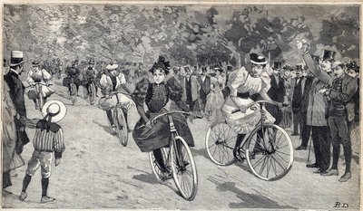 Naisten veloipedistien kilpailu Bois de Boulognessa lähellä Pariisia. Kaiverrus kirjassa "" Le Petit Parisien"" 25.6.1893. tekijältä Anonymous Anonymous