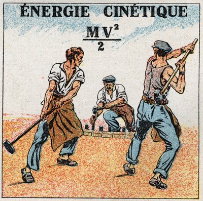 Työ ja teho: liike-energian laskeminen. Nimetön kuvitus vuodelta 1925. Yksityinen kokoelma. tekijältä Anonymous Anonymous