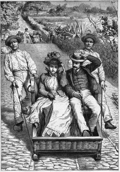 carros de cesto Madeiralla 1893 - Les corinhos (carrieros) a Madeira (Madeira) - miehet ohjaavat paikkaa kahdessa paikassa ruletissa (un corinho). kaiverrus ""Journal of travels"" -julkaisussa 1893 tekijältä Anonymous Anonymous