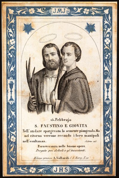 marttyyrit Saint Faustin ja Saint Jovite hurskas kuva. Postikortti. 1900-luvun alku. Yksityinen kokoelma tekijältä Anonymous Anonymous