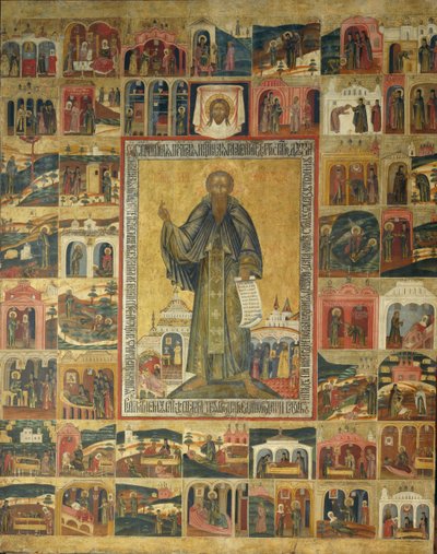 Pyhä Kyrillos Valkoinen järvi kohtauksineen hänen elämästään 1600-luvulta tekijältä Anonymous Russian icon painter