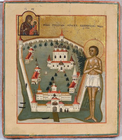 Pyhä Jaakob Borovichilainen, Novgorodin ihmetyöläinen Valdai Iverskin luostarissa, 1800-luvun alku tekijältä Anonymous Russian icon painter