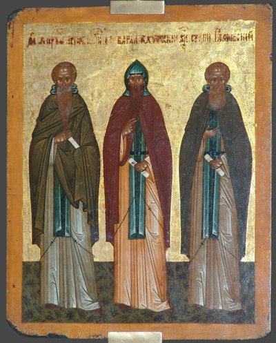 Pyhät Chariton Tunnustaja, Barlaam Khutynista ja Sergius Radonezhista, 1400-luku tekijältä Anonymous Russian icon painter
