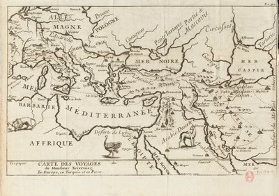 Kartta Tavernierin matkoista Euroopassa, Persia, Turkki, 1600-luku. tekijältä Anonymous master.