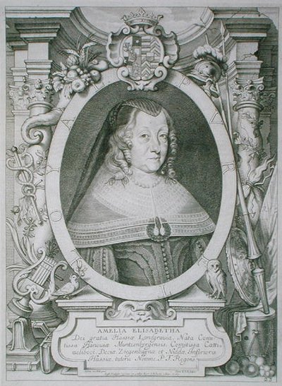 Amalie Elisabeth Hanau-Muntzenbergistä (1602-51) teoksesta "Portraits des Hommes Illustres", kaiverrus Petrus de Iode, julkaistu 1706 (kaiverrus) tekijältä Anselmus van (after) Hulle