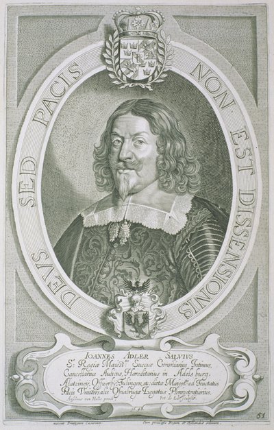 Johann Adler Salvius (1590-1652) kirjasta Maineikkaiden miesten muotokuvat, kaiverrus Petrus de Iode, julkaistu 1706 tekijältä Anselmus van Hulle