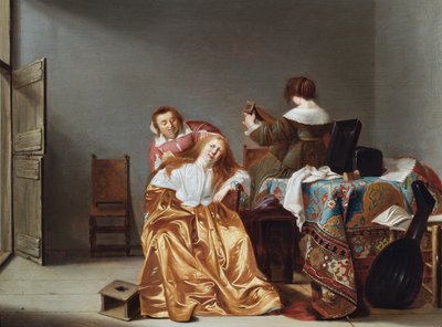 Sisätila, jossa nainen wc:ssä (öljy paneelille) tekijältä Anthonie (1601-73) Palamedesz