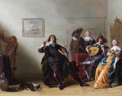 Sisustus, jossa viisi eleganttia hahmoa pöydän ympärillä, joista yksi soittaa luuttua. tekijältä Anthonie (1601-73) Palamedesz