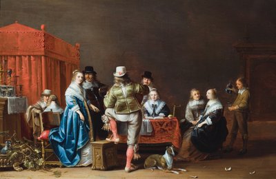 Sisustus, jossa yhdeksän hahmoa pöydän ympärillä (öljy paneelille) tekijältä Anthonie (1601-73) Palamedesz