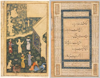 Kaksisivuisen albumin vasen puoli: Outside a Royal Campment (recto) ja Calligraphy, Persian Verses (verso) tekijältä Anthonie Waterloo