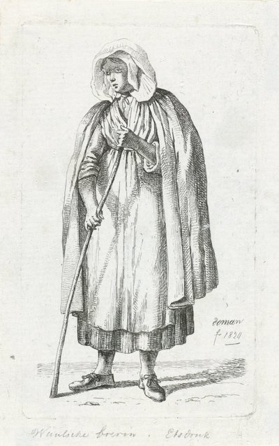 Nainen viitta ja keppi kanssa Vallonian maanviljelijän vaimo (nimi esineessä) tekijältä Anthonie Willem Hendrik Nolthenius de Man