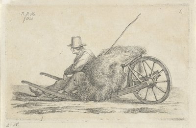 Mies istuu kottikärryjen vieressä heinän kanssa tekijältä Anthonie Willem Hendrik Nolthenius de Man