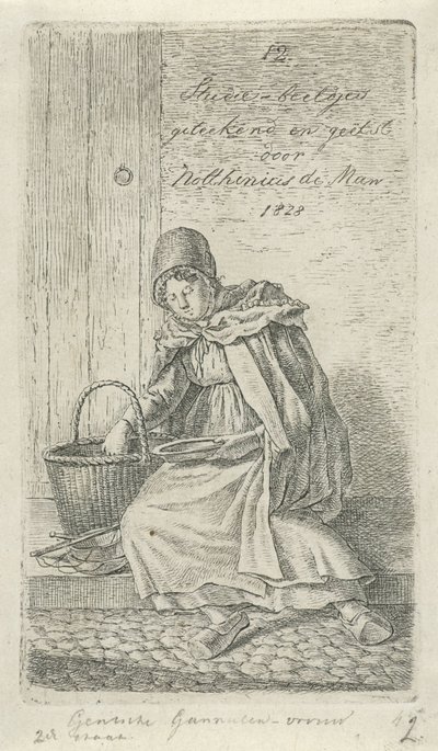 Istuva nainen kori ja levy Gentsche Shrimp -nainen (otsikko esineessä) 12 opiskeluhahmoa (sarjan nimi) tekijältä Anthonie Willem Hendrik Nolthenius de Man