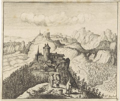 Vuoristoinen maisema rypäleenpoimijoiden kanssa tekijältä Anthonie de Winter (attributed to)