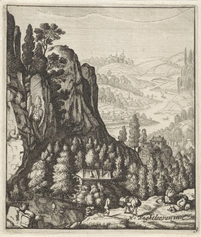 Kalliomainen vuoristomaisema maanviljelijöiden kanssa tekijältä Anthonie de Winter (attributed to)