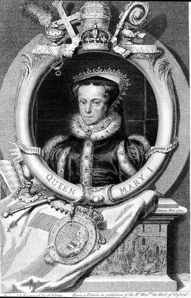Mary I (1516-58) Englannin kuningatar vuodelta 1553, kaiverrus George Vertue (1684-1756) (kaiverrus) tekijältä after Anthonis Mor van Dashorst