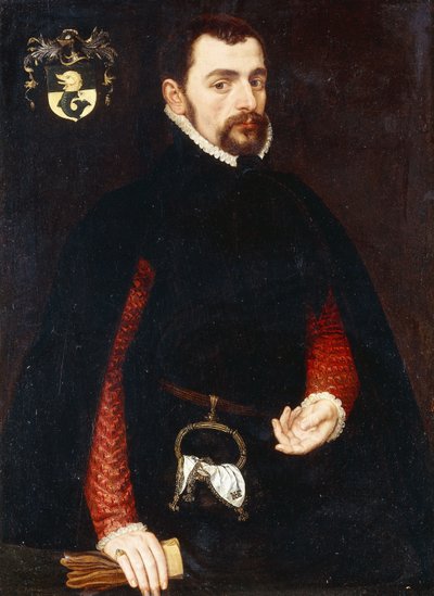 Muotokuva 28-vuotiaasta herrasmiehestä, pituus kolme neljäsosaa, mustassa kaksoispaidassa punaisilla hihoilla ja mustalla viittalla, laukku ja liina, jossa kirjaimet kirjaimilla "K, 1563" tekijältä Anthonis van Dashorst Mor