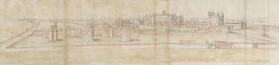 Hampton Court Palace pohjoisesta (kynä ja ruskea muste ja akvarelli mustalla liidulla) tekijältä Anthonis van den Wyngaerde