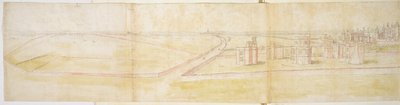 Hampton Courtin palatsi pohjoisesta, n. 1544 (kynä, muste ja wc paperilla) tekijältä Anthonis van den Wyngaerde