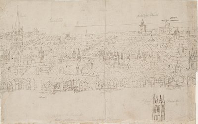 Lontoon panoraama Southwarkista nähtynä: St Paulin katedraali, 1554 tekijältä Anthonis van den Wyngaerde