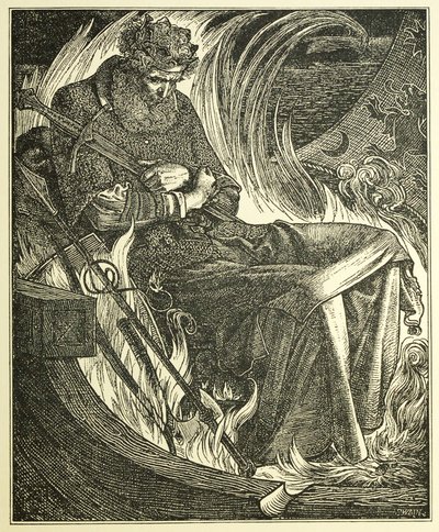 Kuningas Warwulfin kuolema, pubi. 1915 (kaiverrus) tekijältä Anthony Frederick Augustus Sandys